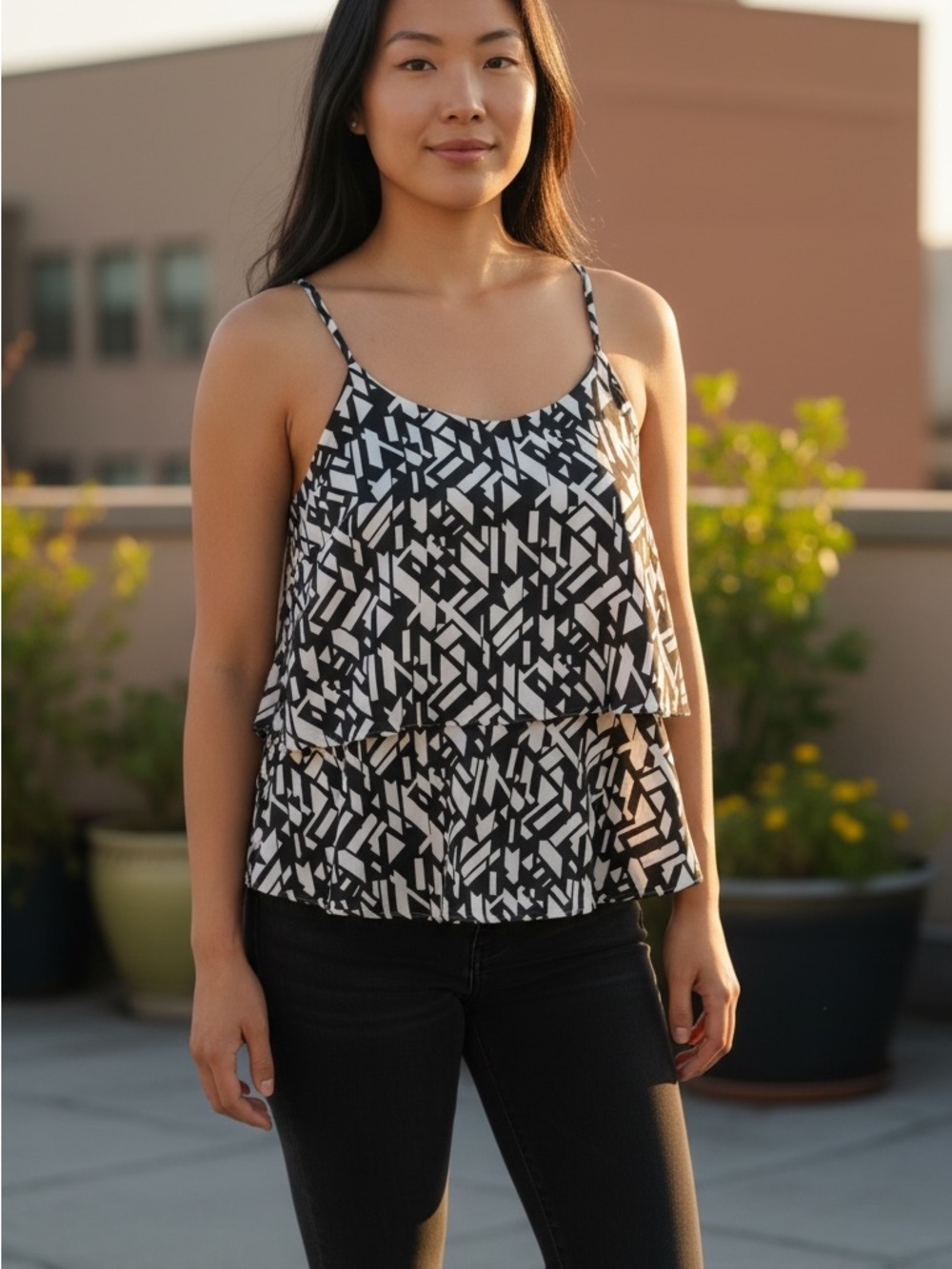 White House Black Market Black & White Geometric Layered Cami